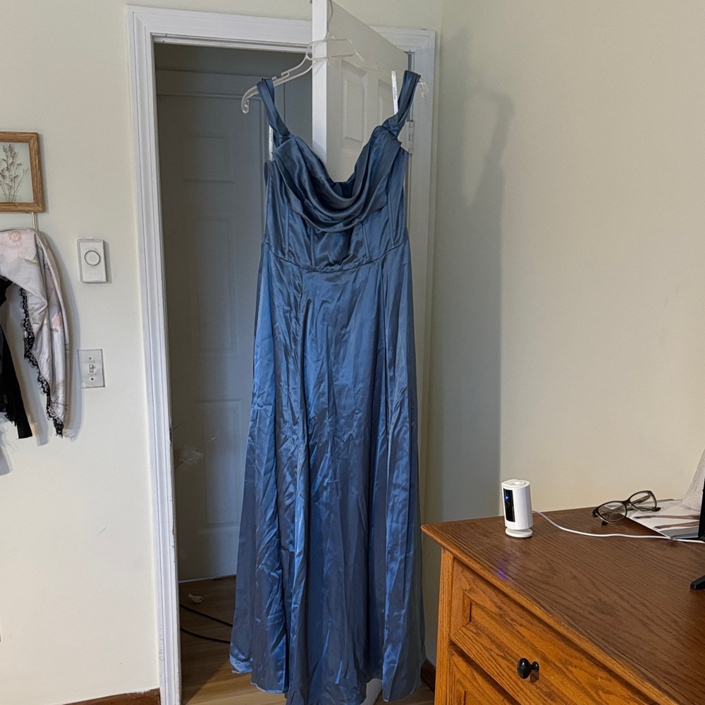 David's Bridal Charmeuse Dusty Blue Maxi Dress